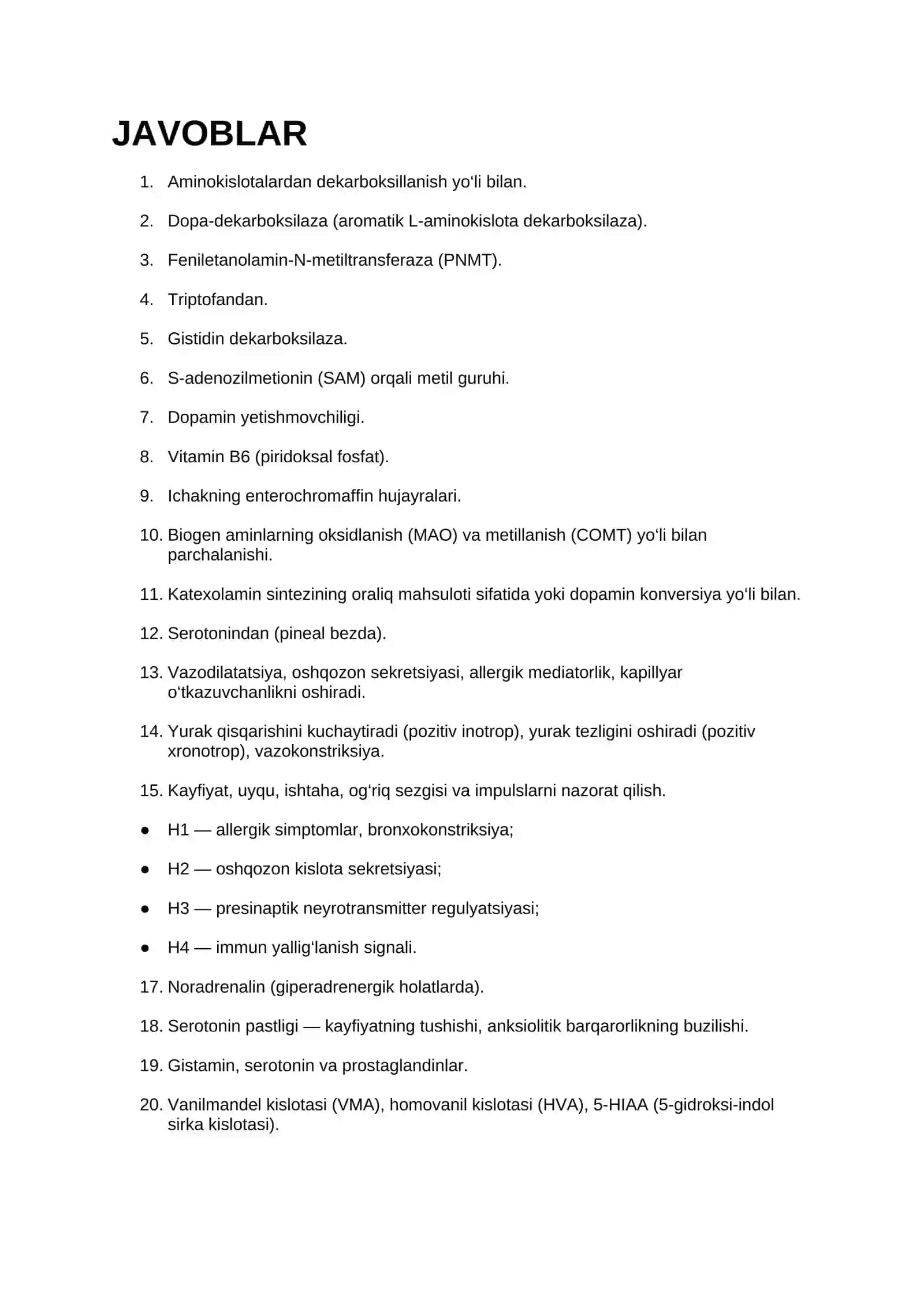 DIAGNOSTIK SAVOLLAR (Biologik aminlar — sintez va klinik ahamiyati) 2