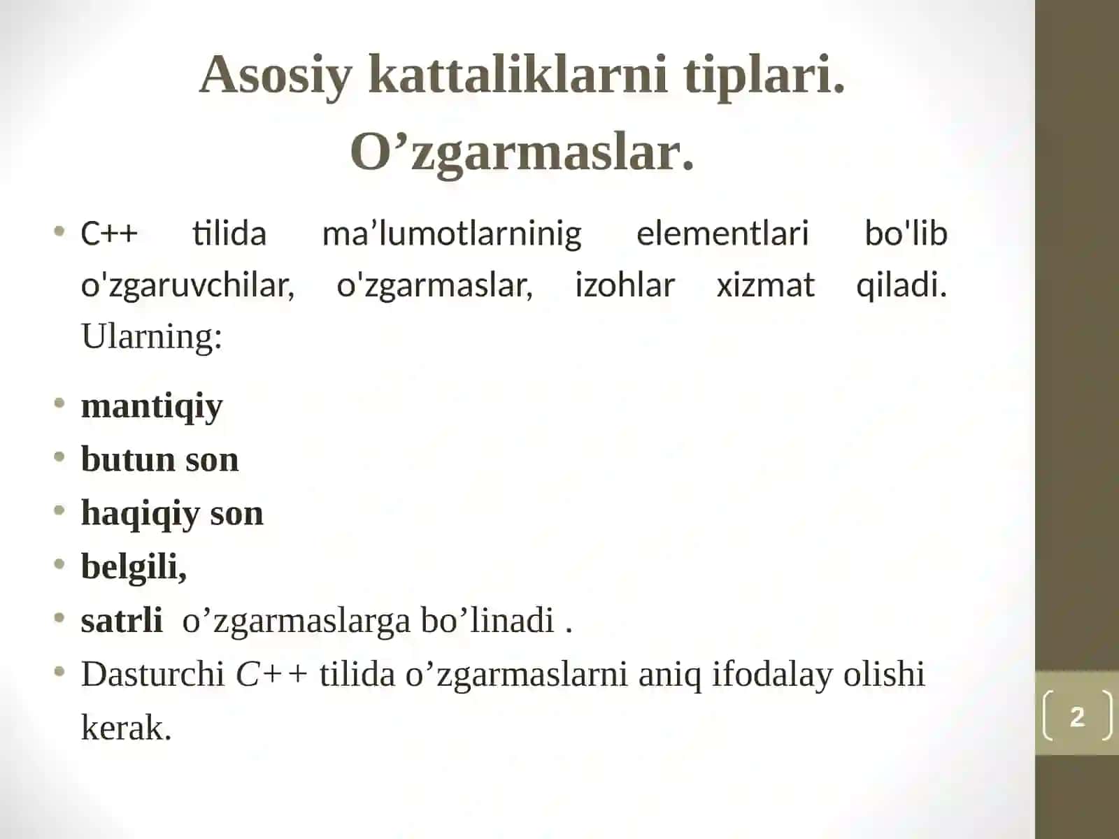 C++ dasturlash tilining asosiy konstruksiyalari va tizimda qo‘llash xususiyatlari 2