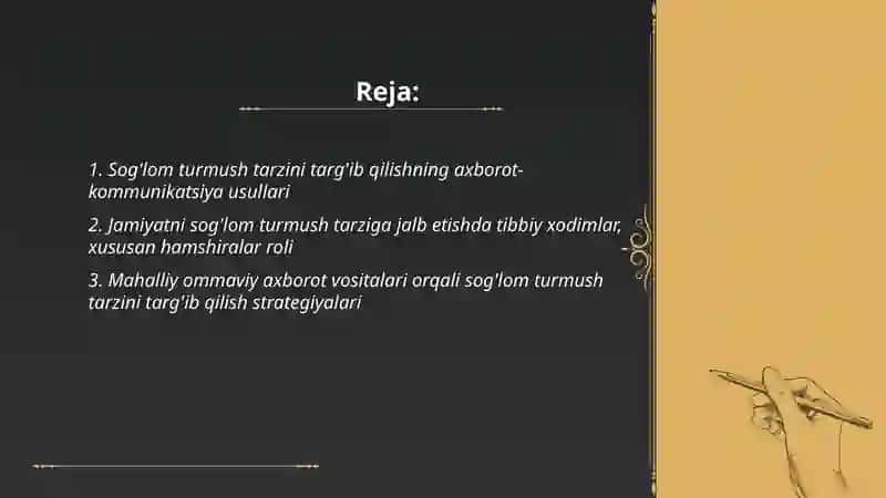 Sog lom turmush tarzini shakllantirish bo yicha aholiga axborot etkazish usullari, olib borilgan ishlarni monitoring qilish va baholash. Tibbiy muassasalarda hamshiralarining aholi salomatligini saqlash, mustahkamlash, ularni yanada yaxshilashga qaratilgan profilaktik tadbirlar oʻtkazish bo'yicha asosiy vazifalari. 2