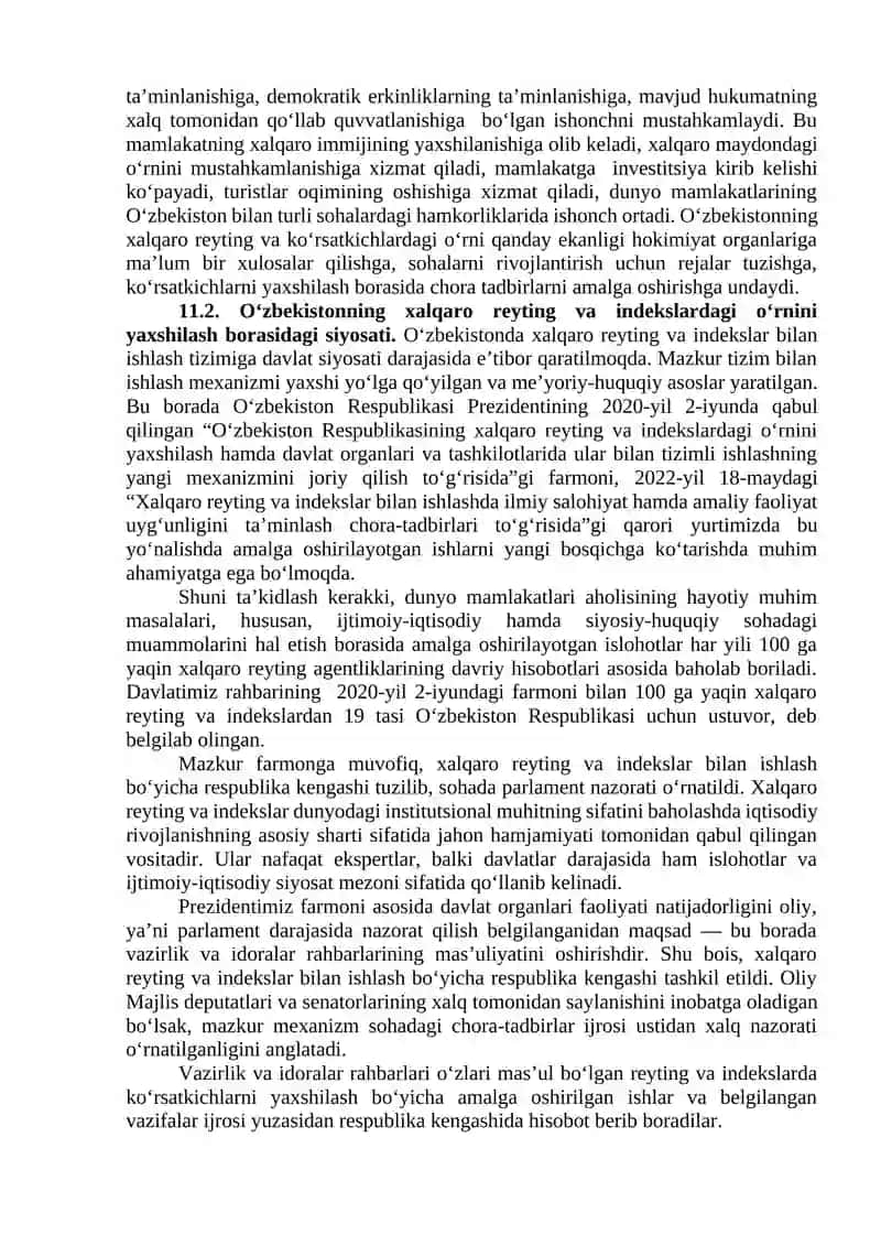 Yangi O‘zbekiston ijtimoiy-siyosiy, iqtisodiy va madaniy hayotida roʻy berayotgan oʻzgarishlarning xalqaro reyting va indekslarda aks etishi 2