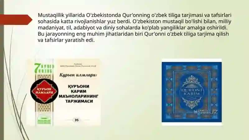 Mustaqillik yillarida Qur’onning o’zbek tiliga tarjima qilinishi va tafsirlari haqida 2