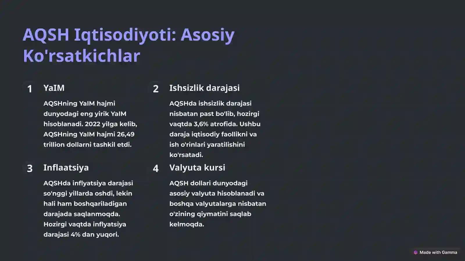 AQSH Iqtisodiyoti: Asosiy Ko'rsatkichlar 2