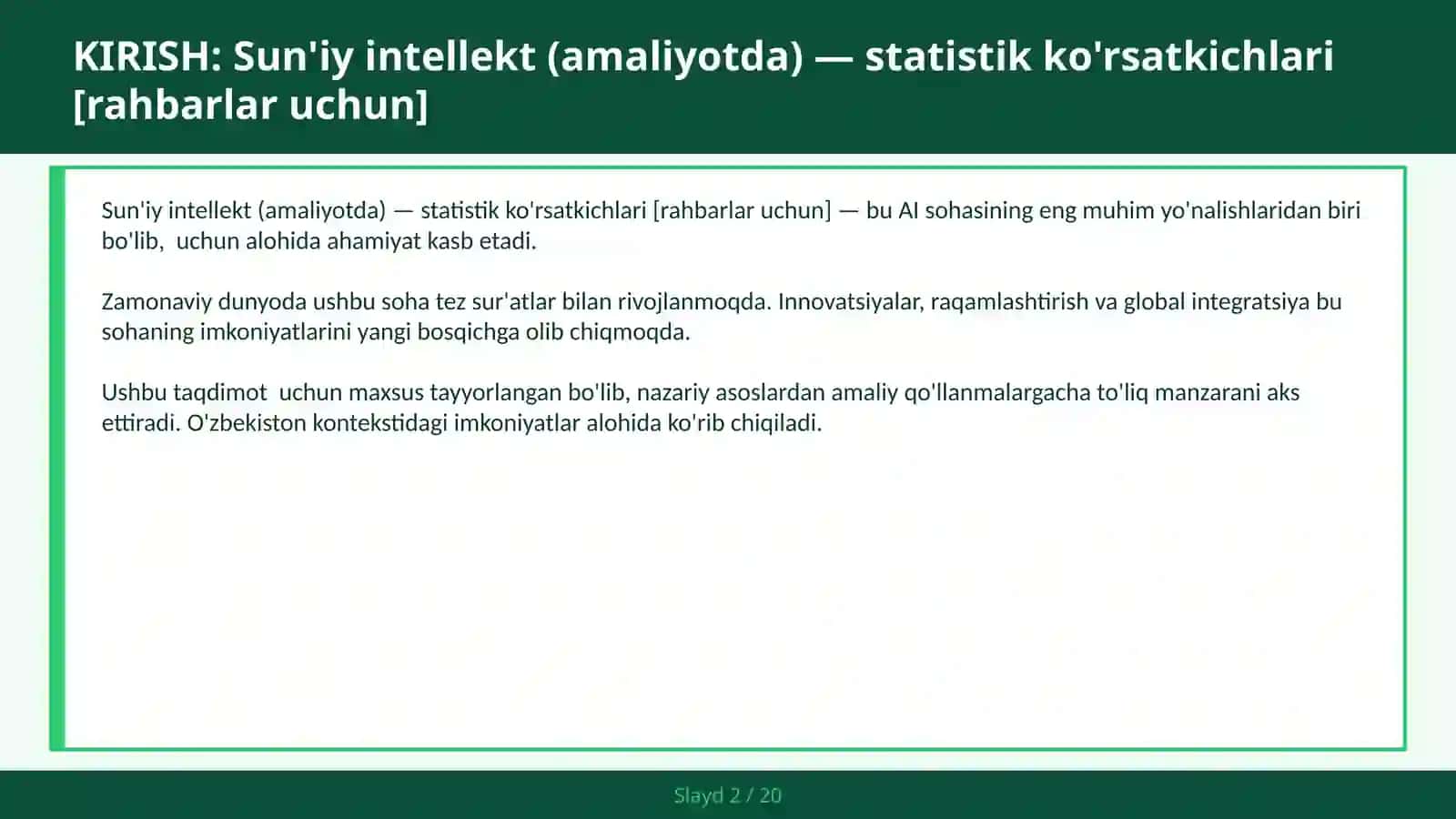 Sun'iy intellekt (amaliyotda) — statistik ko'rsatkichlari [rahbarlar uchun] 2