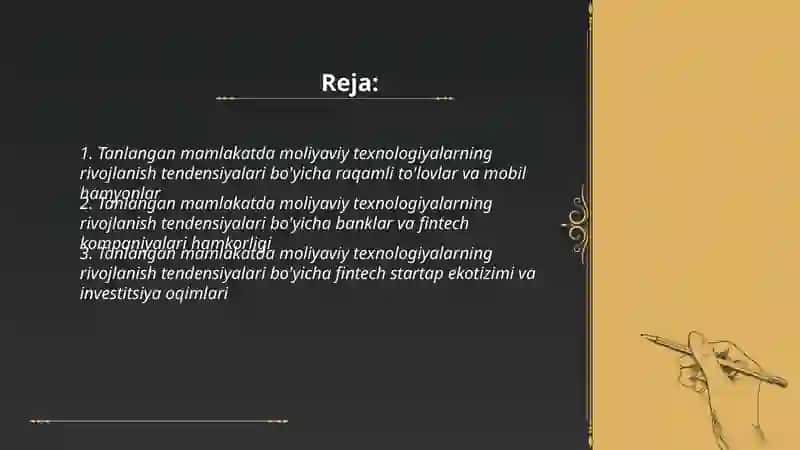 Tanlangan mamlakatda moliyaviy texnologiyalarning rivojlanish tendensiyalari boʻyicha 2