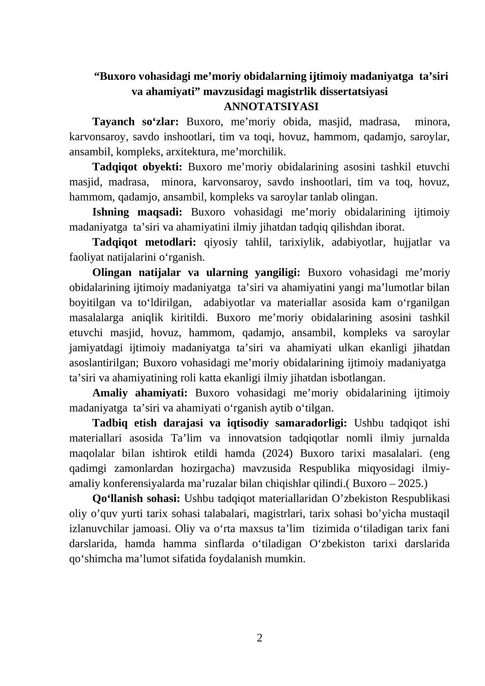 BUXORO VOHАSIDАGI ME’MORIY OBIDАLАRNING IJTIMOIY MАDАNIYАTGА TА’SIRI VА АHАMIYАTI 2