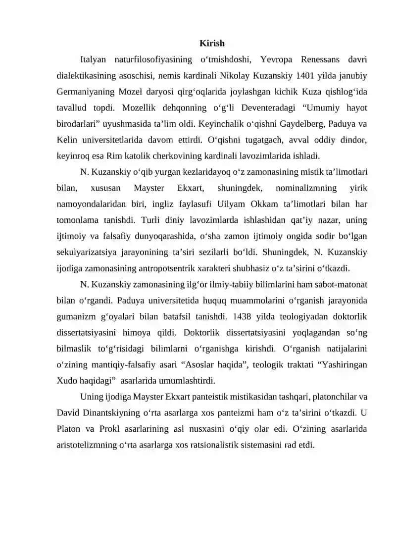 NIKOLAY KUZANSKIY UYG'OTISH DAVRI NATURFALSAFASICHISI 2
