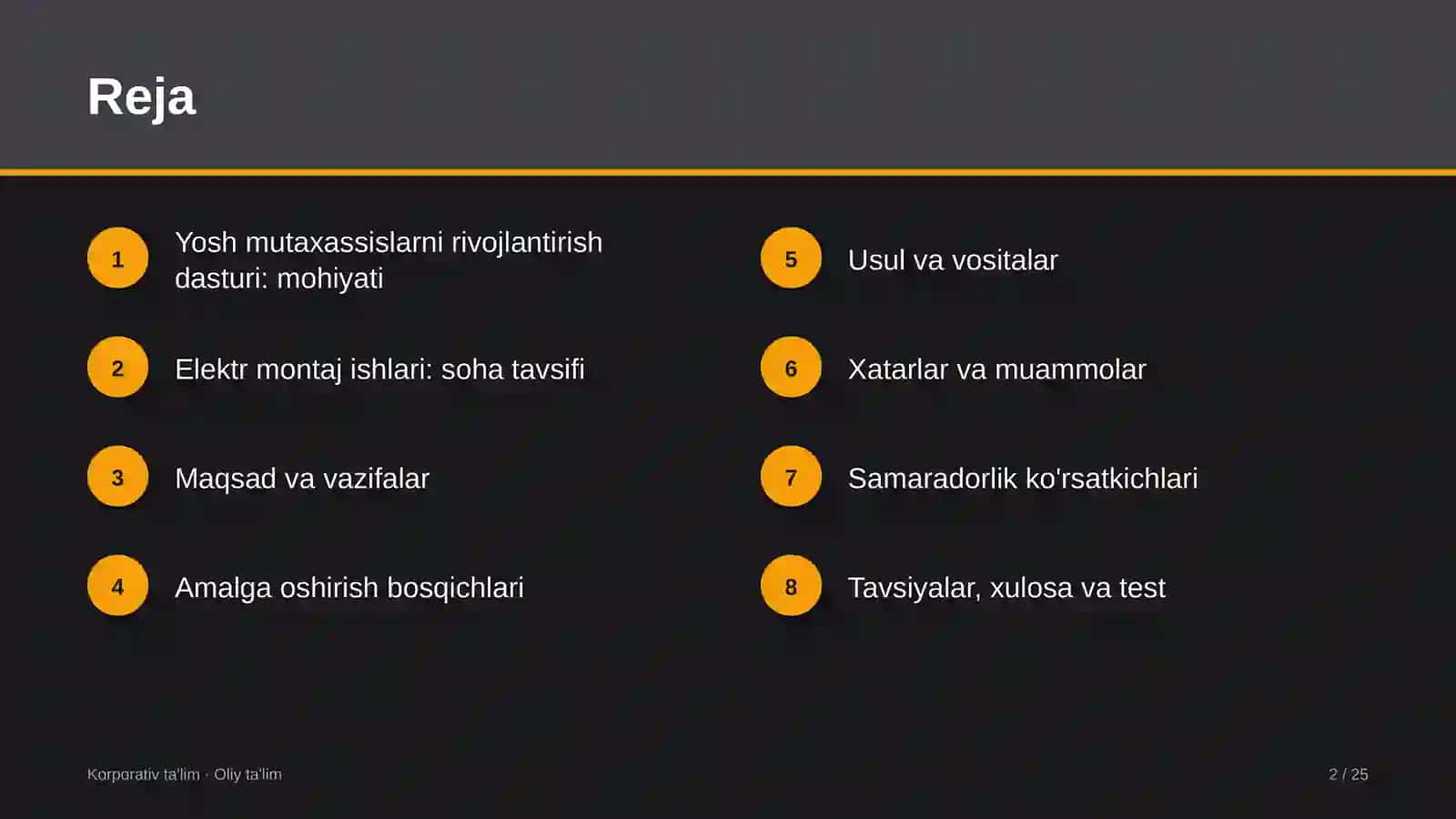 Elektr montaj ishlarida yosh mutaxassislarni rivojlantirish dasturi 2