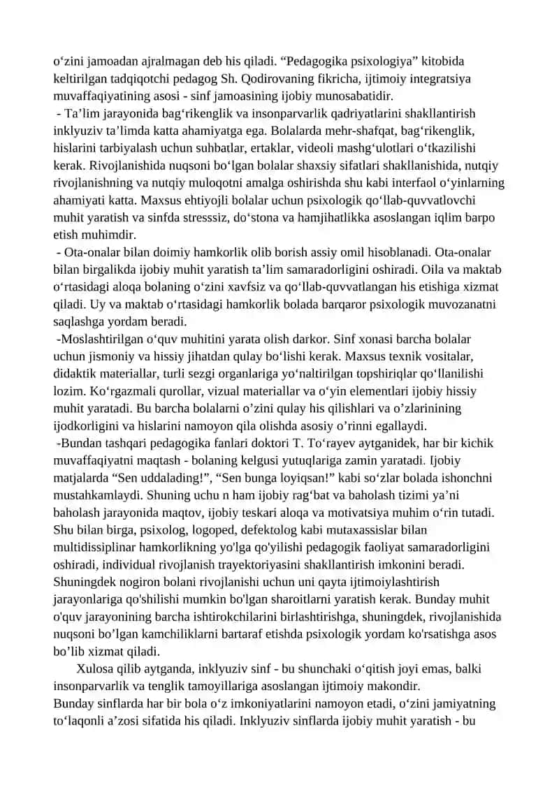 Inklyuziv sinflarda ijobiy muhitni rivojlantirish omillari. 2