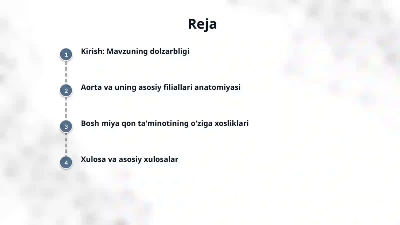 Aorta, aorta ravog'i, umumiy va tashki uyku arteriyasi. Ichki uyku arteriyasi. Bosh miyaning qon bilan ta'minlanishidagi o'ziga xoslik 2
