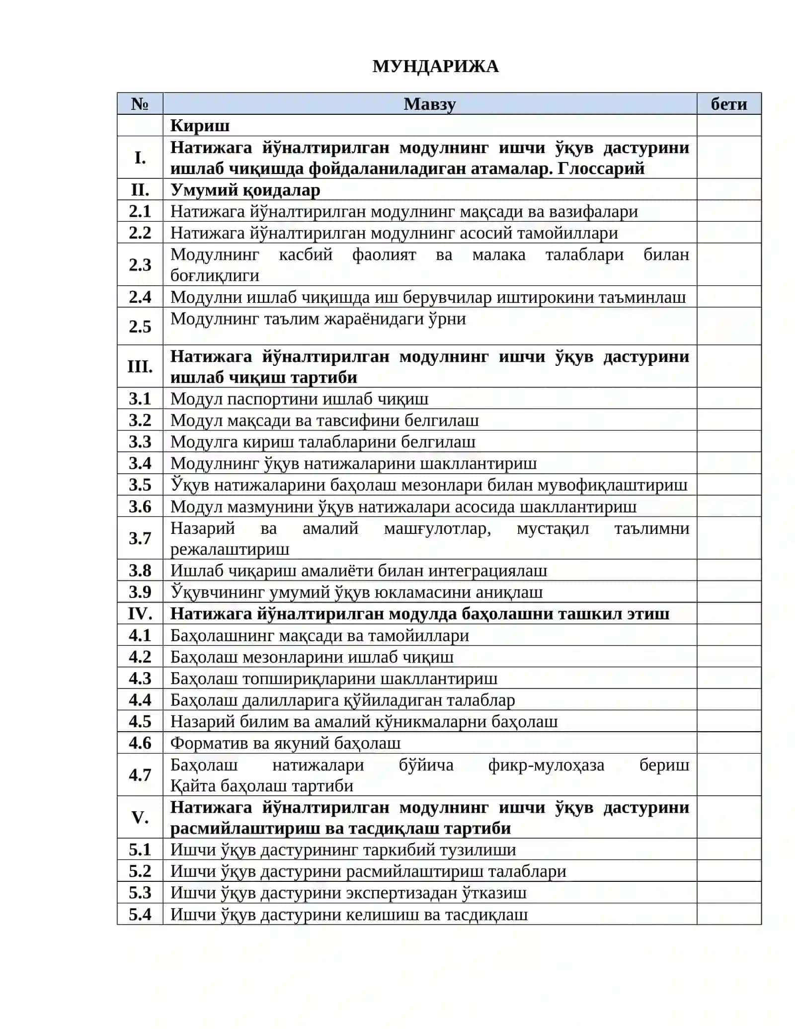 Modull hujjati namunasi texnikumlar uchun 2