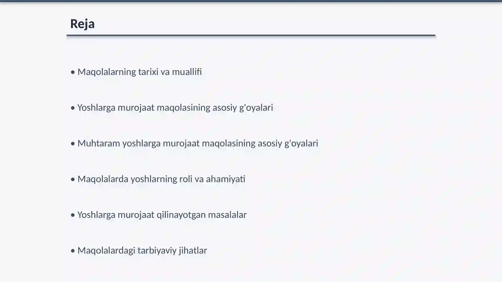 M. Behbudiyning " Yoshlarga murojaat" va " Muhtaram yoshlarga murojaat" maqolalarini tahlil etish 2