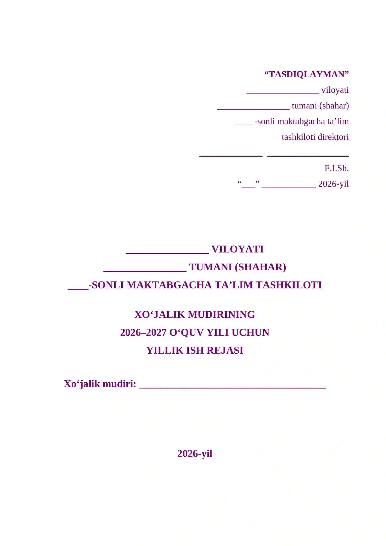 Yillik ish rejasi 2026-2027 oy 2