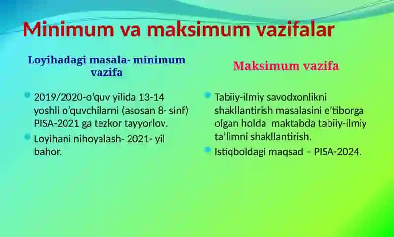 O’quvchilarning tabiiy-ilmiy savodxonligini baholashga qaratilgan tahliliy qo’llanmalar yaratish. 2