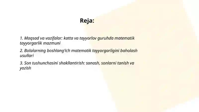 MTT katta va tayyorlov guruhi bolalarni maktab talim jarayonida matematik jihatidan tayyorlash uchun olib boriladigan ishlar mazmuni 2