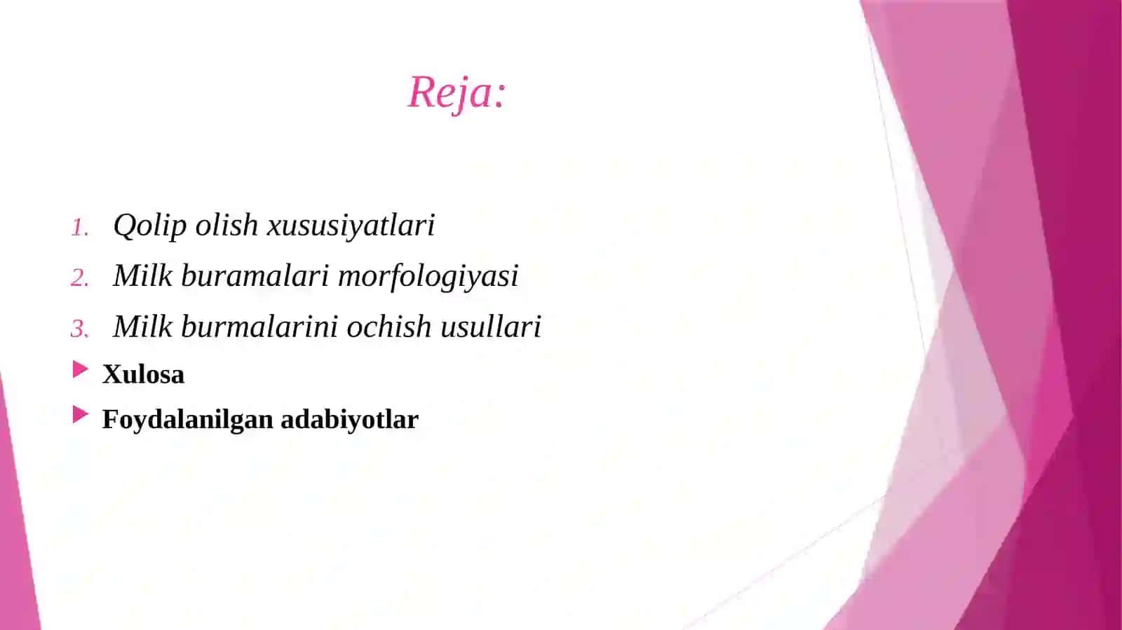 Qolip olish xususiyatlari. Milk buramalari morfologiyasi, milk cho'ntagi atamasi. Milk burmalarini ochish usullari, hosil bo'lgan ustupni silliqlash. Ikki qavatli qolip olish usullari. 2