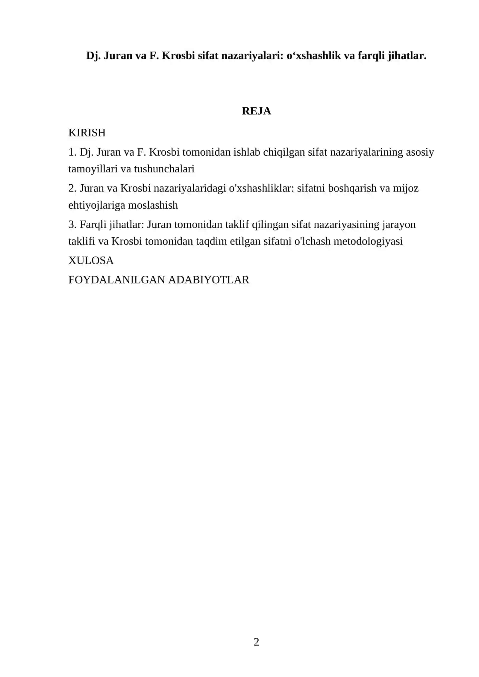 Dj. Juran va F. Krosbi sifat nazariyalari: o‘xshashlik va farqli jihatlar 2