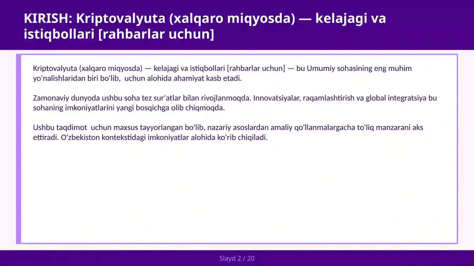 Kriptovalyuta (xalqaro miqyosda) - kelajagi va istiqbollari [rahbarlar uchun] 2
