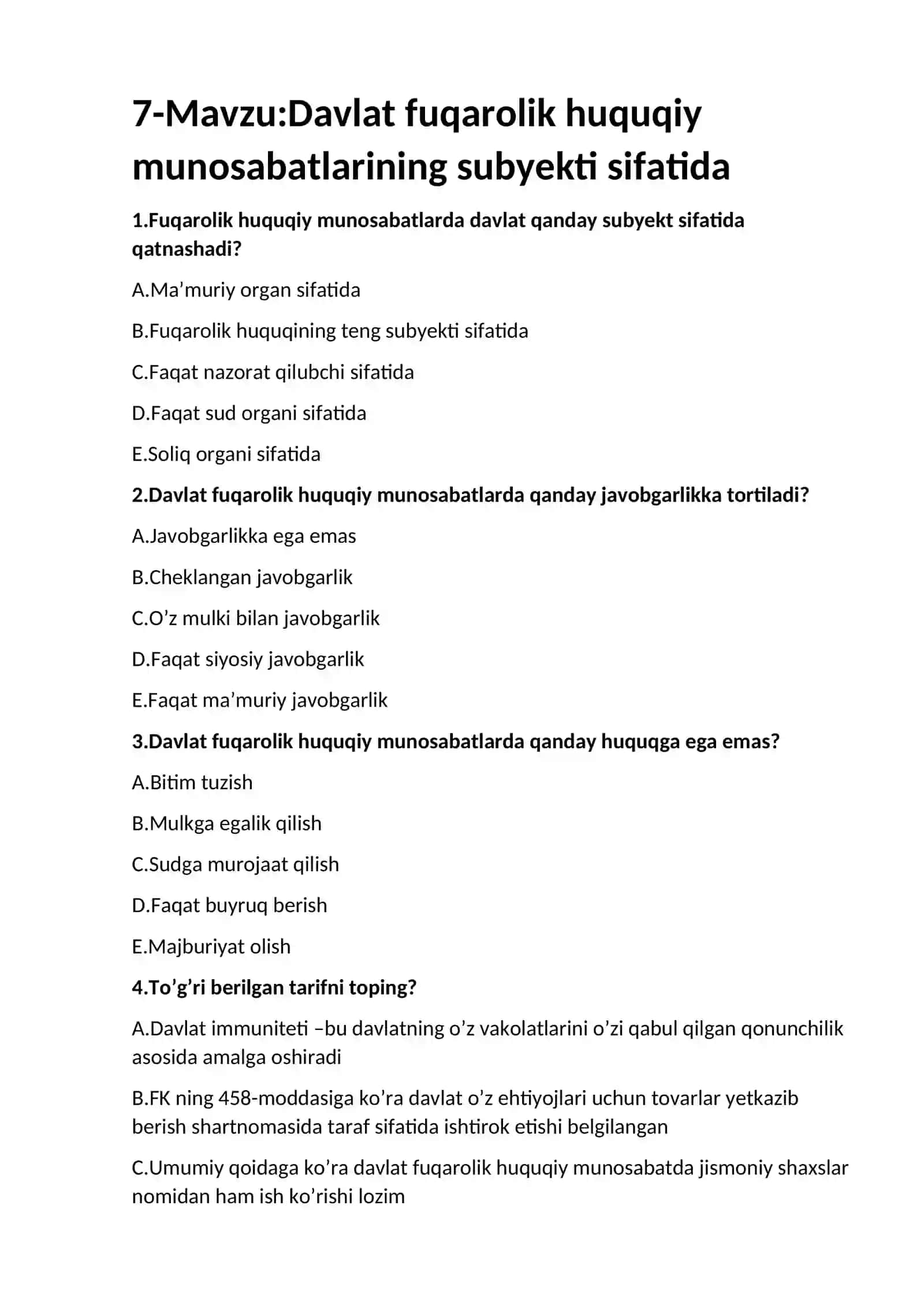 Davlat fuqarolik huquqiy munosabatlarining subyekti sifatida 2
