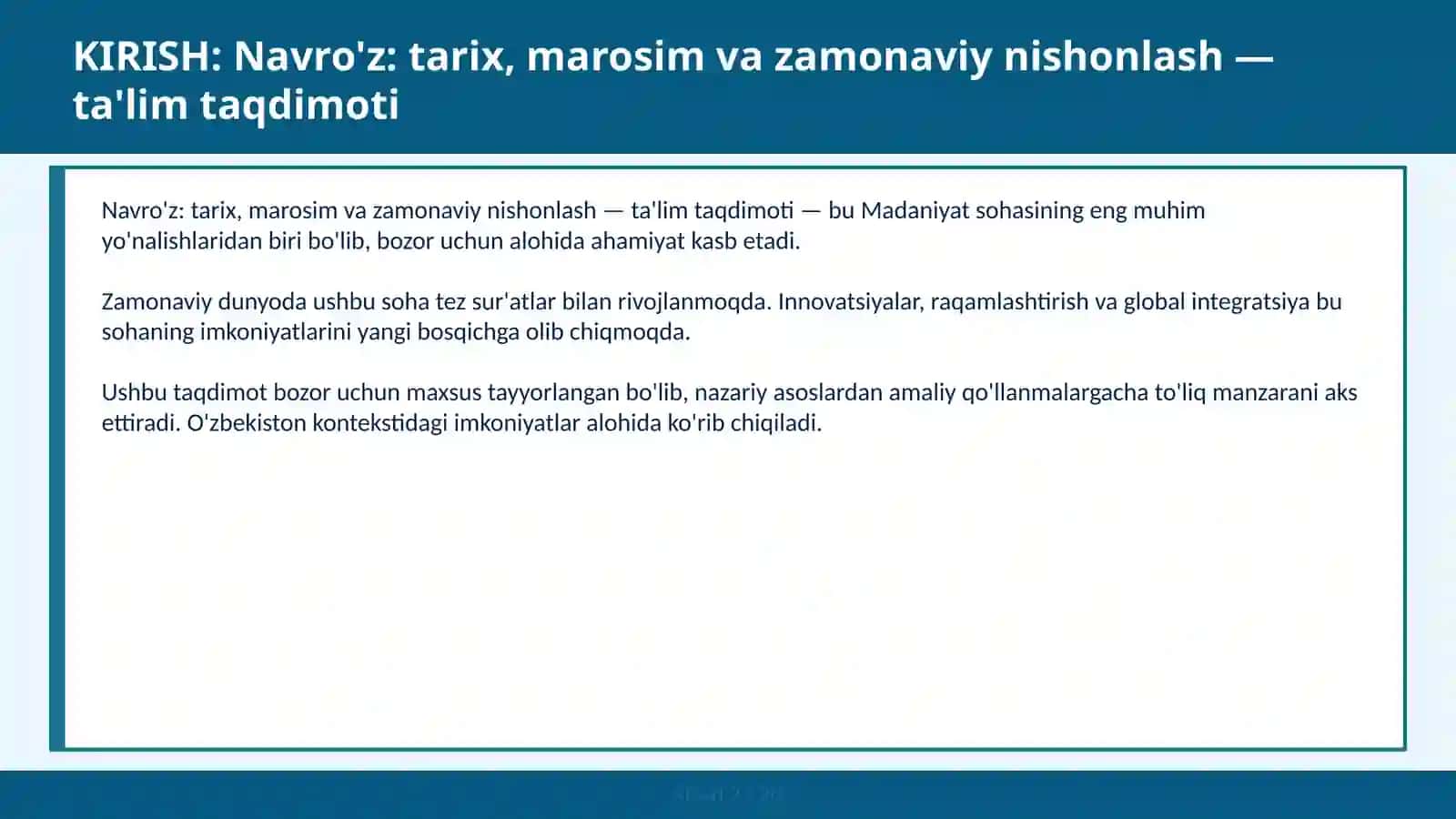 Navro'z: tarix, marosim va zamonaviy nishonlash — ta'lim taqdimoti 2
