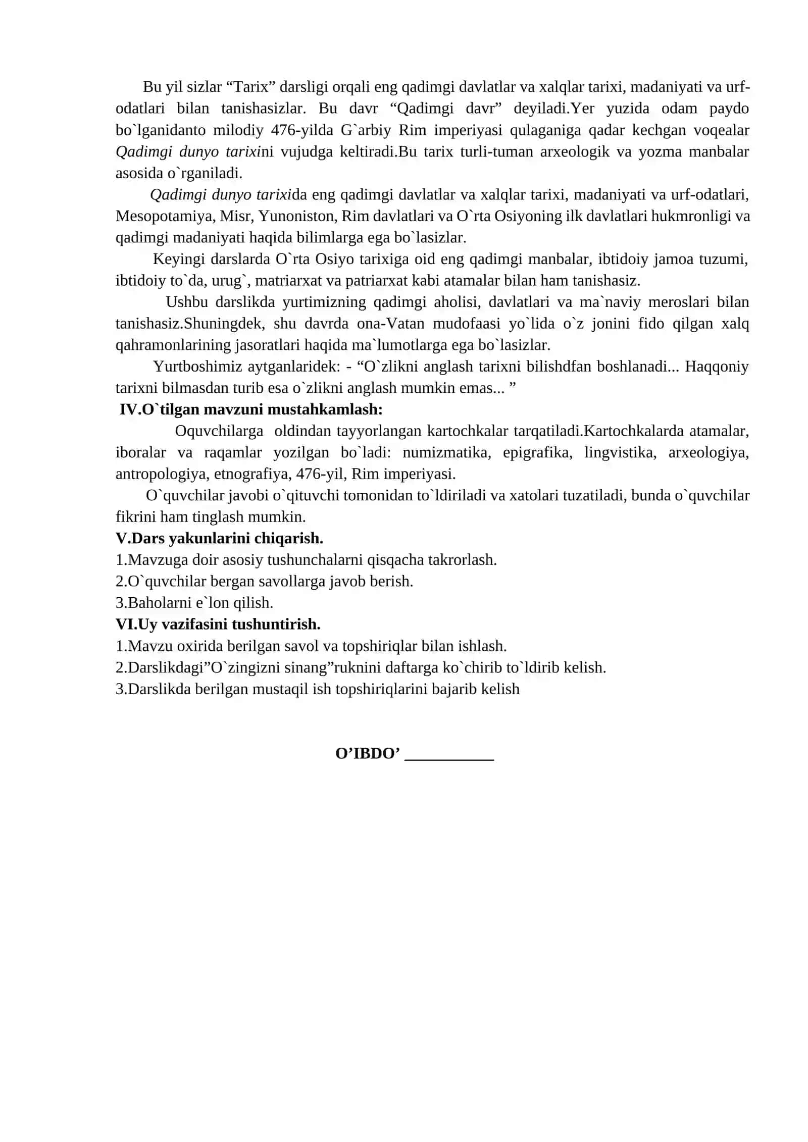 O’TILGAN DARS MAVZULARI KONSPEKTI 2