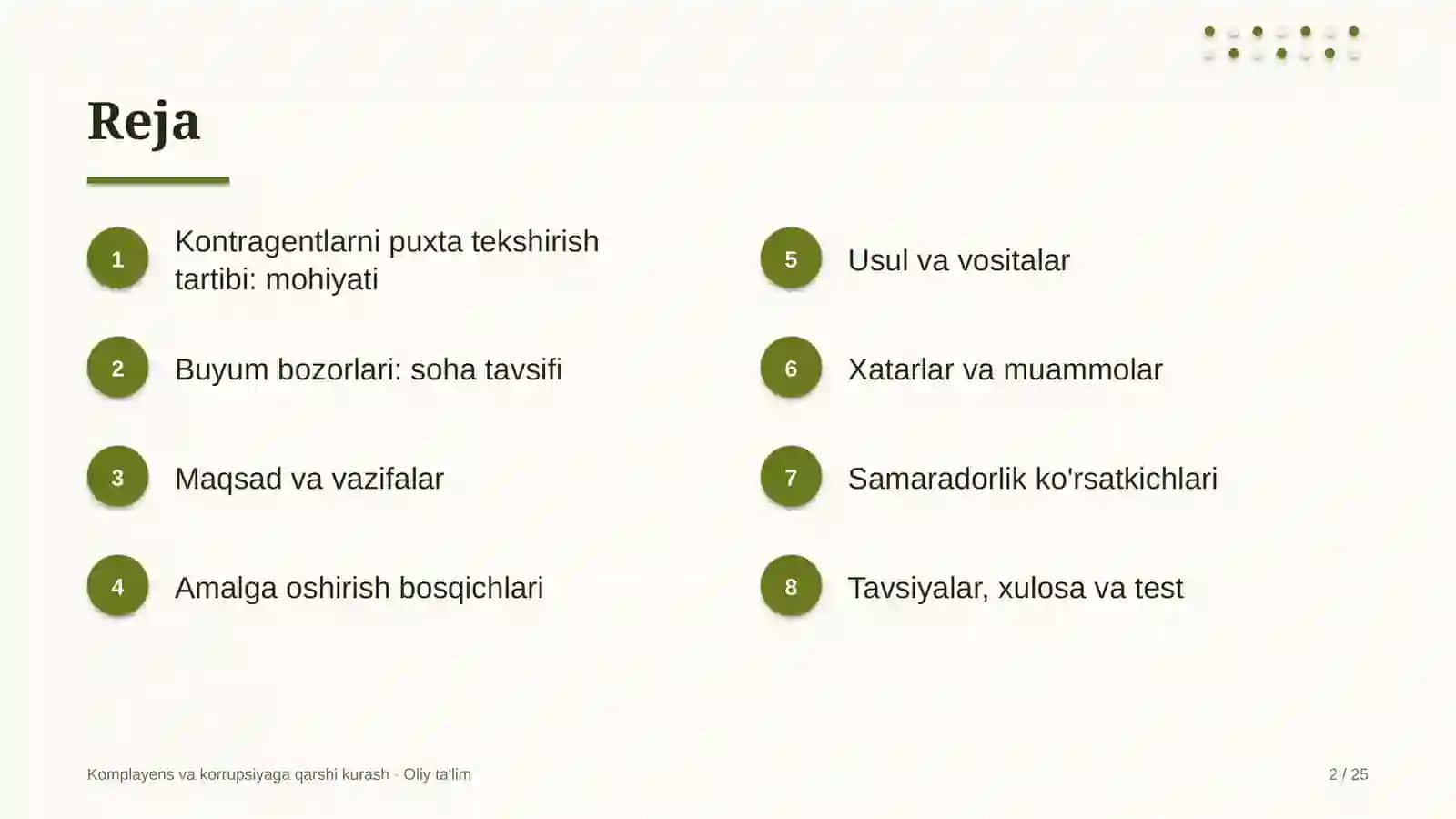Komplayens va korrupsiyaga qarshi kurash · Oliy ta'lim 2