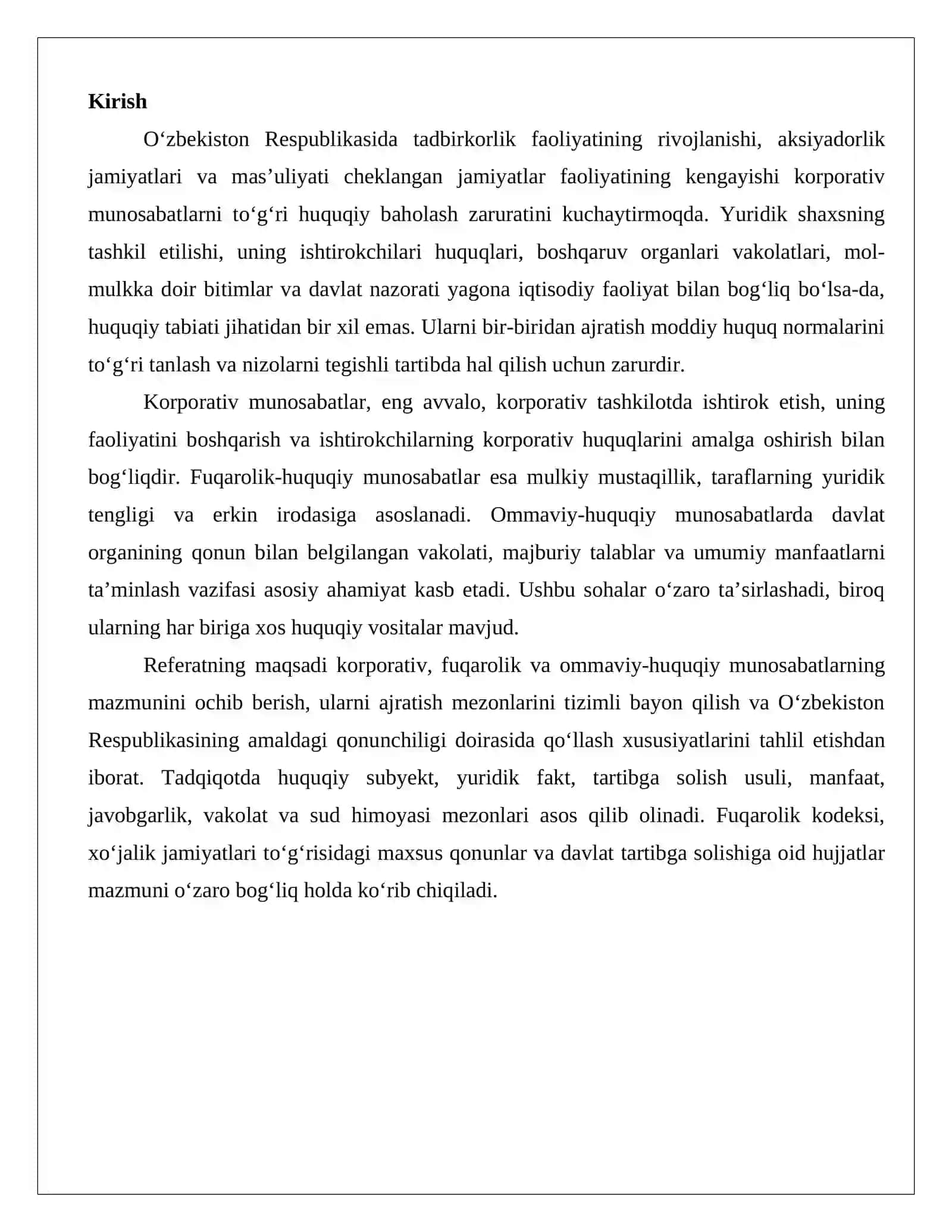 Korporativ munosabatlarning turlari: Korporativ, fuqarolik va ommaviy-huquqiy munosabatlarni ajratish mezonlari 2