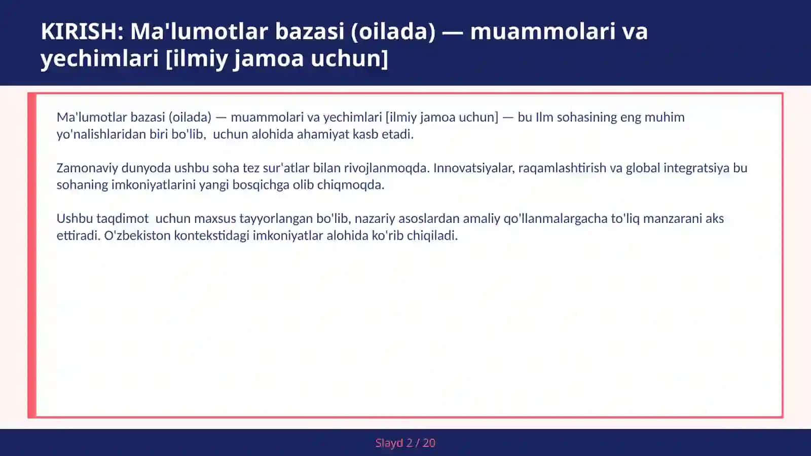 MA'LUMOTLAR BAZASI (OILADA) — MUAMMOLARI VA YECHIMLARI [ILMIY JAMOA UCHUN] 2