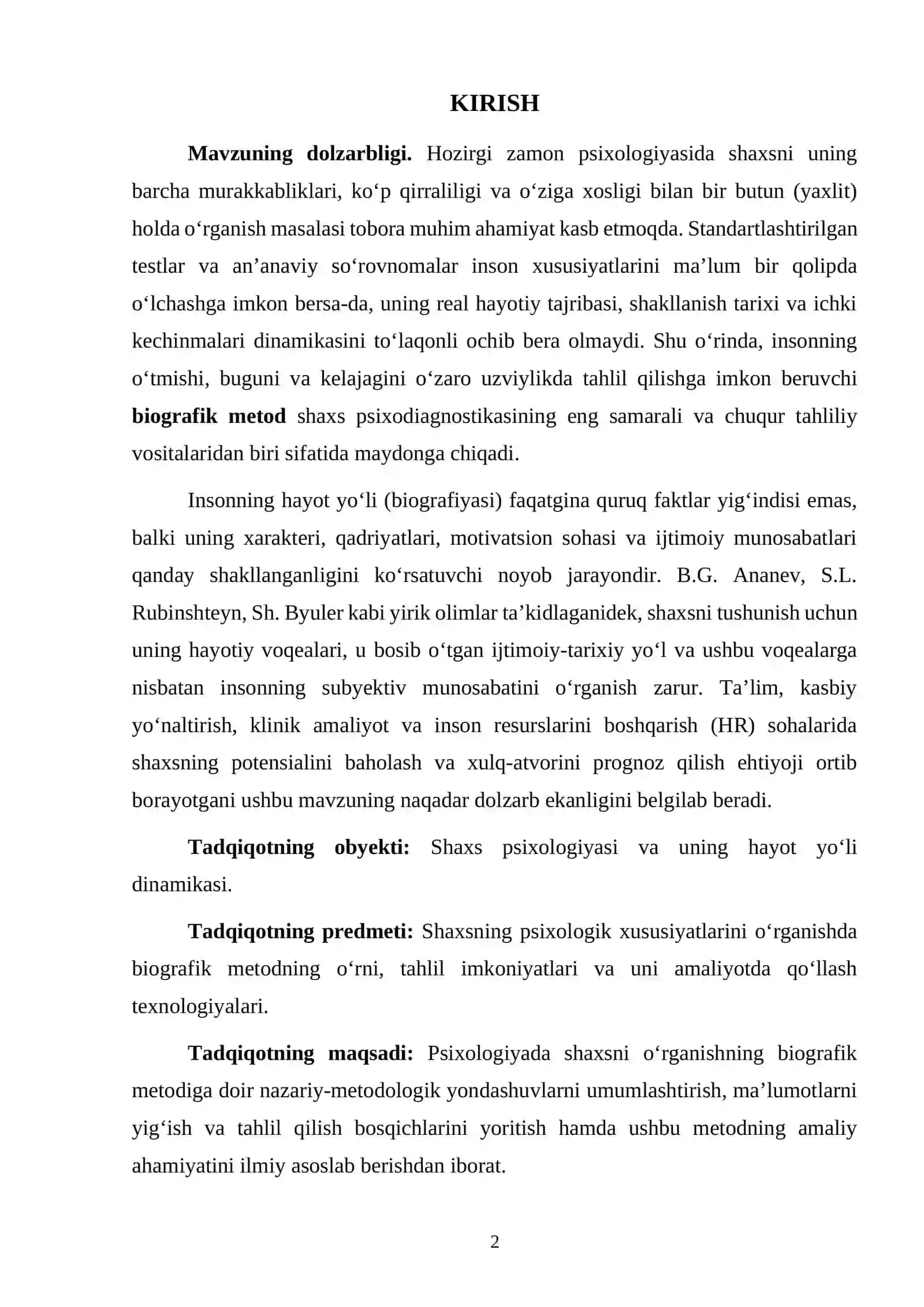 Shaxsni o’rganishning biografik metodi mavzusidagi kurs ishi 2