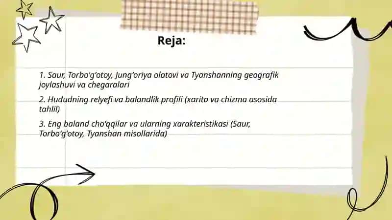 Saur Torboʻgʻotoy Jungʻoriya olatovi va Tyanshan togʻ tizmasining geografik xususiyatlarini oʻrganish harita va chizma asosida qilib bering 2