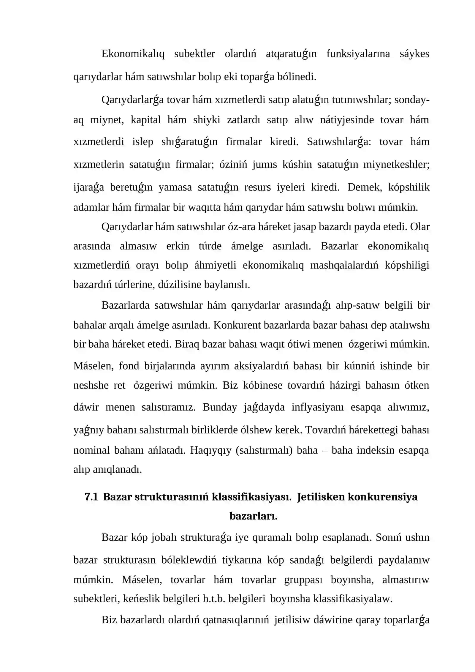 Basekilesken bazarinda qisqa muddetli araliqta firma paydasin maksimallastiriw ham onin usinisi 2