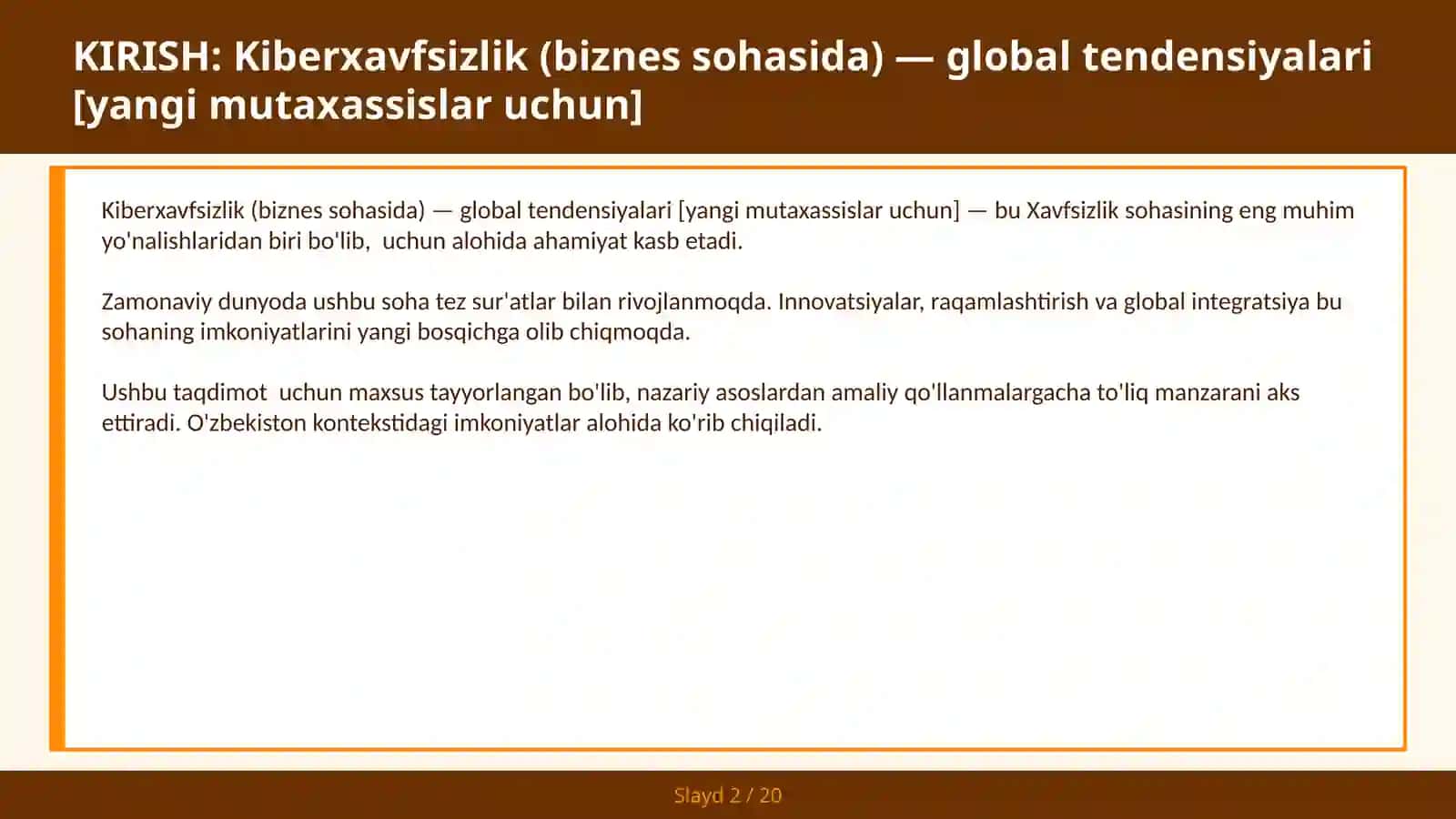 KIBERXAVFSIZLIK (BIZNES SOHASIDA) — GLOBAL TENDENSIYALARI [YANGI MUTAXASSISLAR UCHUN] 2