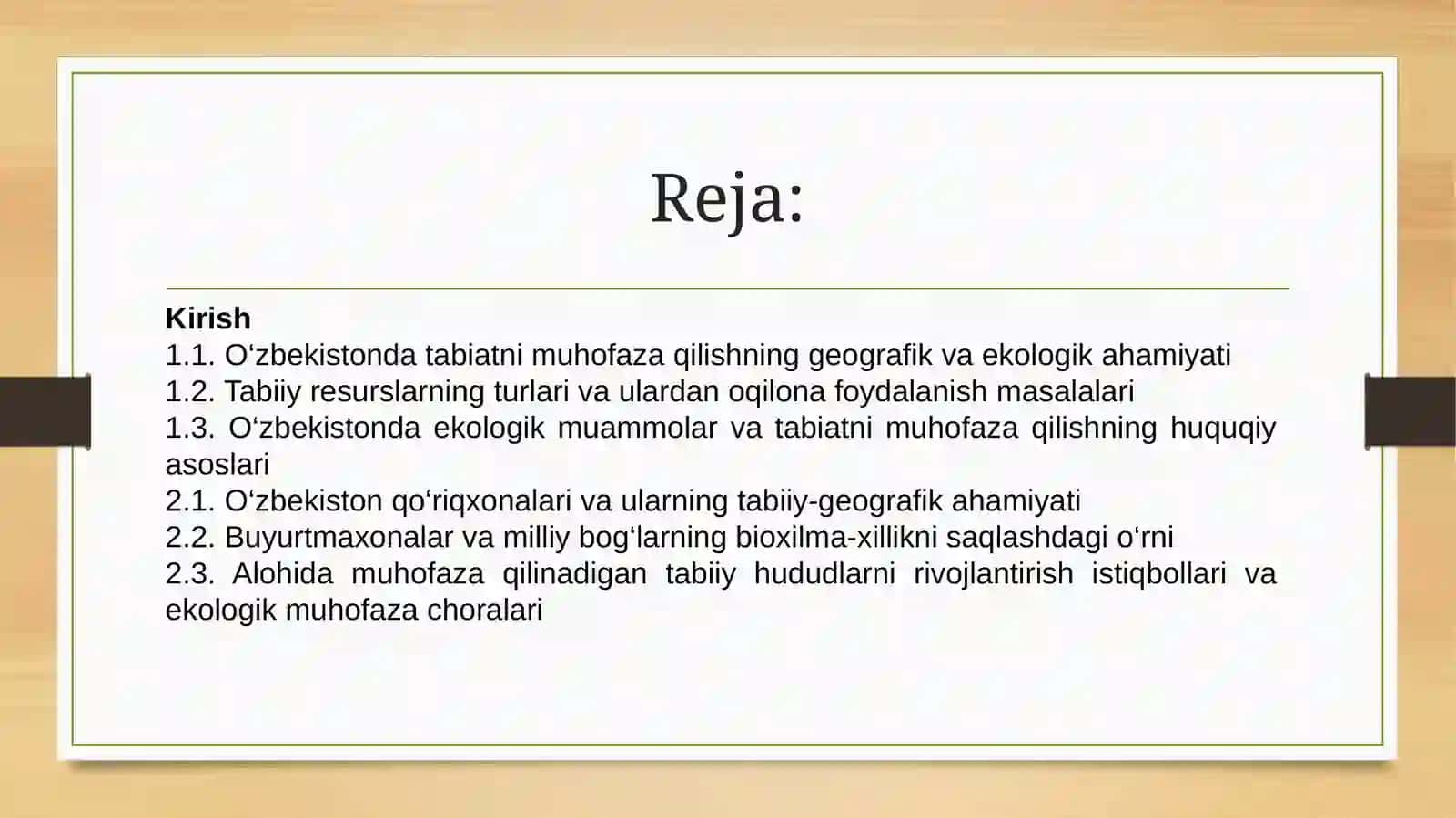 O'ZBEKISTONDA TABIATNI VA TABIIY RESURSLARNI MUHOFAZA QILISH. QO'RIQXONALAR, BUYURTMALAR VA MILLIY BOG'LAR 2