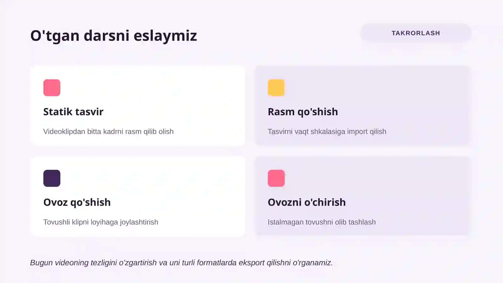 Videoklip tezligini o'zgartirish. Videoklipni turli fayl formatlarida eksport qilish. 2