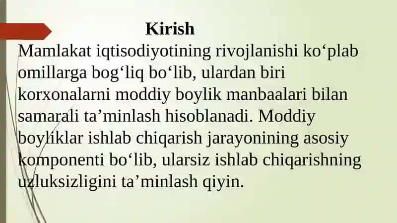 Turli xil korxonalarni moddiy boylik manbalari bilan ta’minlash strategiyasi 2