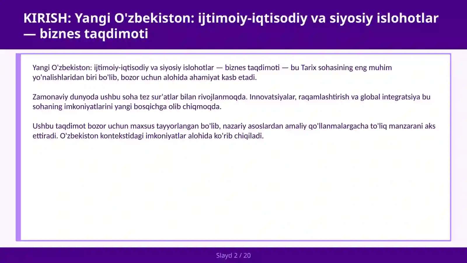 Yangi O'zbekiston: ijtimoiy-iqtisodiy va siyosiy islohotlar — biznes taqdimoti 2
