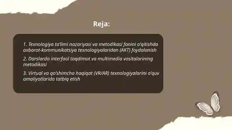 Texnologiya taʼlimi nazariyasi va metodikasi fanini oʻqitish texnik vositalaridan foydalanish 2