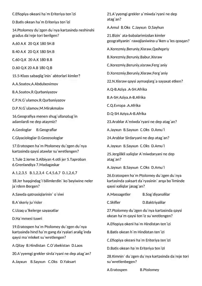 Geografiya Test Savol javoblari 2