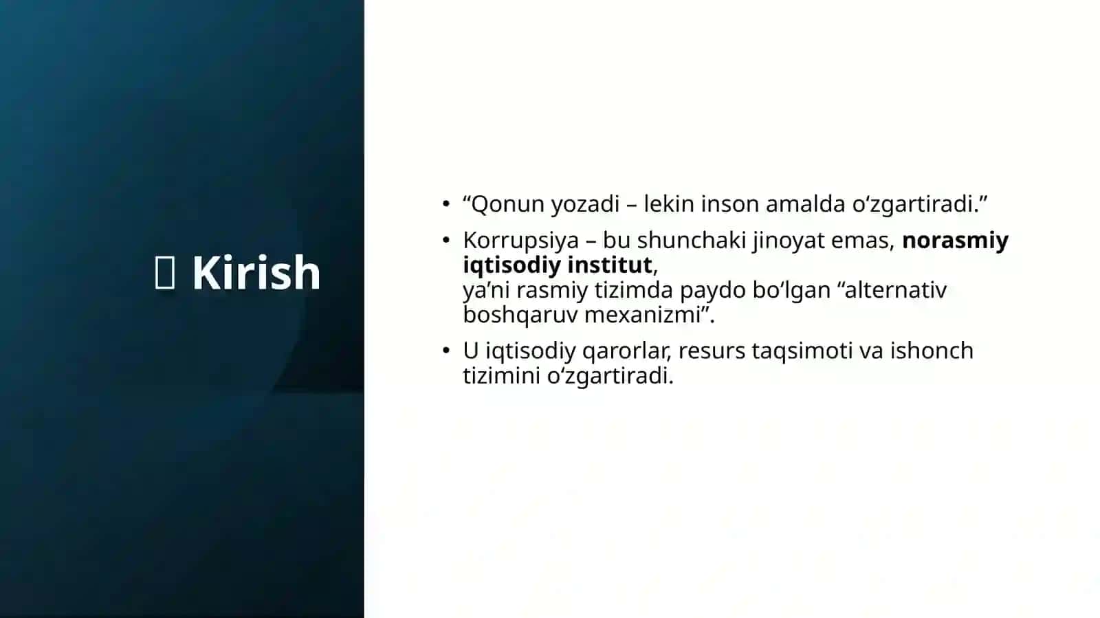 Institutsional iqtisodiyot fanidan "Korrupsiya iqtisodiy institut sifatida: sabablari, oqibatlari va nazorat mexanizmlari" 2