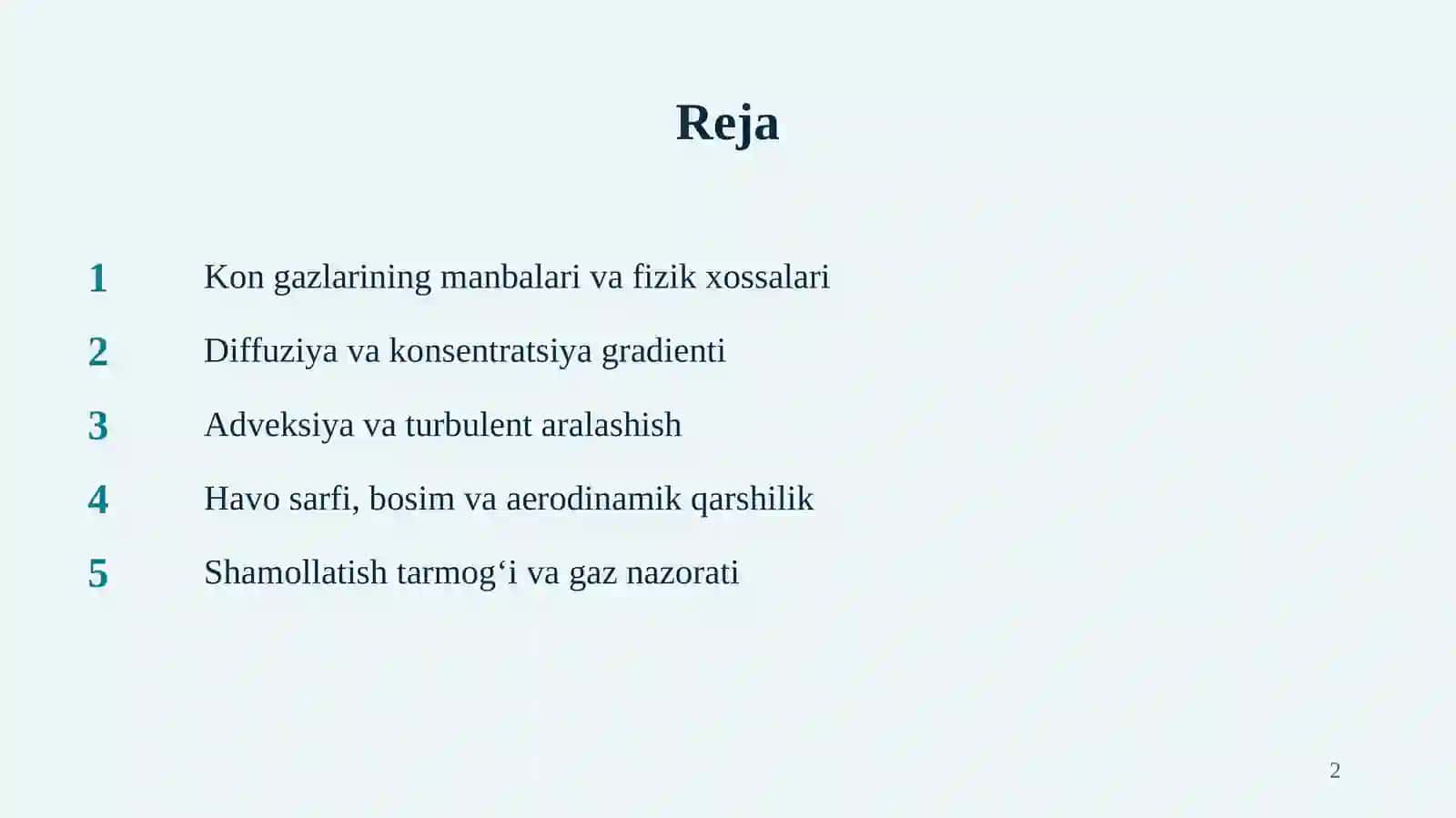 Kon gazlarining fizika xossalari va diffuziya va aerodinamik qonuniyatlari 2