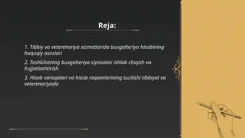 Tibbiy va veterenariya xizmatlarini koʻrsatuvchi subyektlarda buxgalteriya hisobini tashkil etish asoslari 2