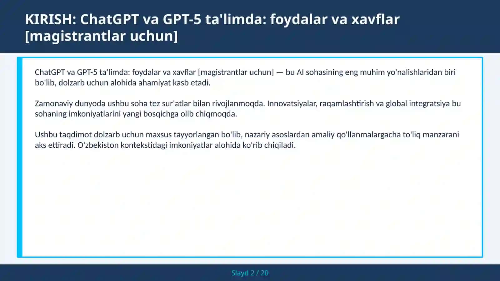 ChatGPT va GPT-5 ta'limda: foydalar va xavflar [magistrantlar uchun] 2