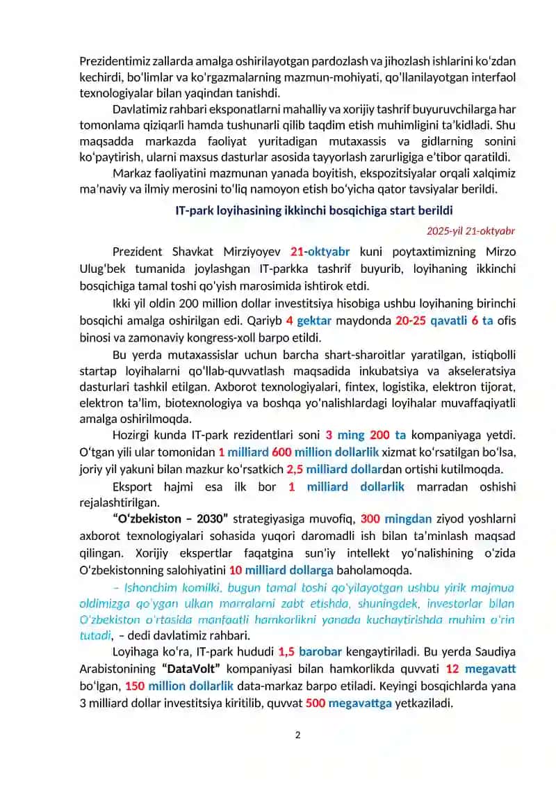 OʻZBEKISTON RESPUBLIKASINING SIYOSIY – IJTIMOIY, IQTISODIY HAYOTIDA HAFTA DAVOMIDA RO‘Y BERGAN VOQEALAR YUZASIDAN “MA’RIFAT DARSI” MASHGʻULOTLARINI OʻTKAZISH UCHUN MAʼLUMOT 2