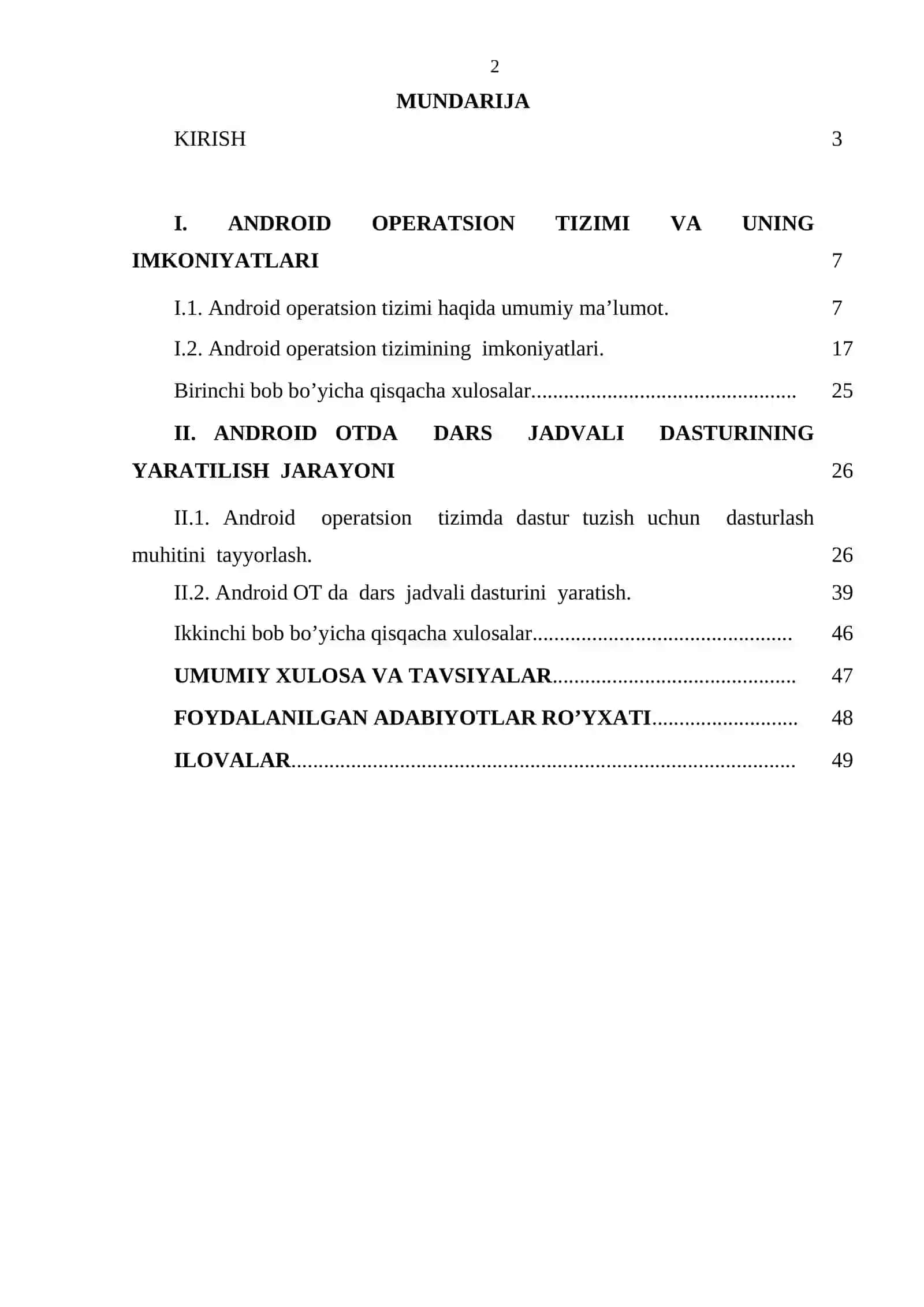 "Android operatsion tizimida dars jadvali yaratish" mavzusida BMI 2