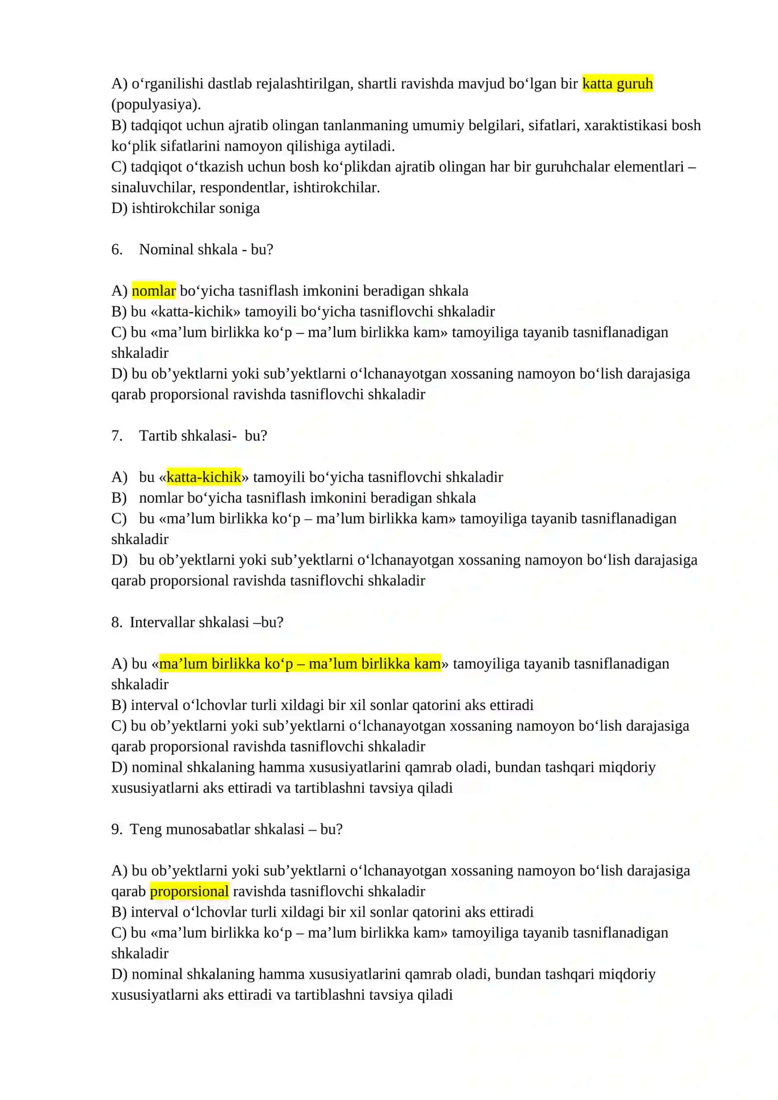 Psixologiyada matematik usullar fanidan test savollari 2