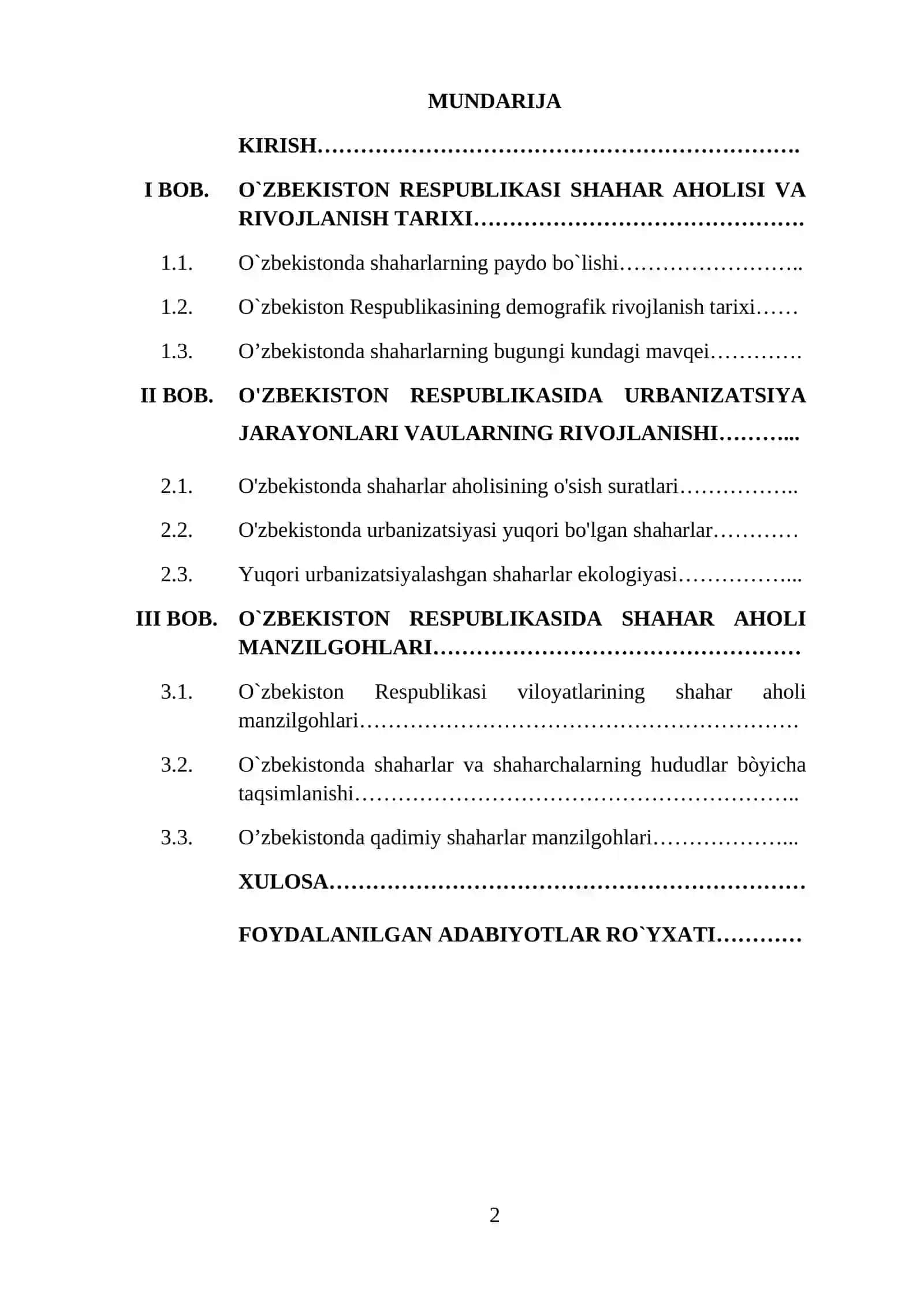 O`zbekiston Respublikasi shaharlar aholisi, urbanizatsiya jarayoni 2