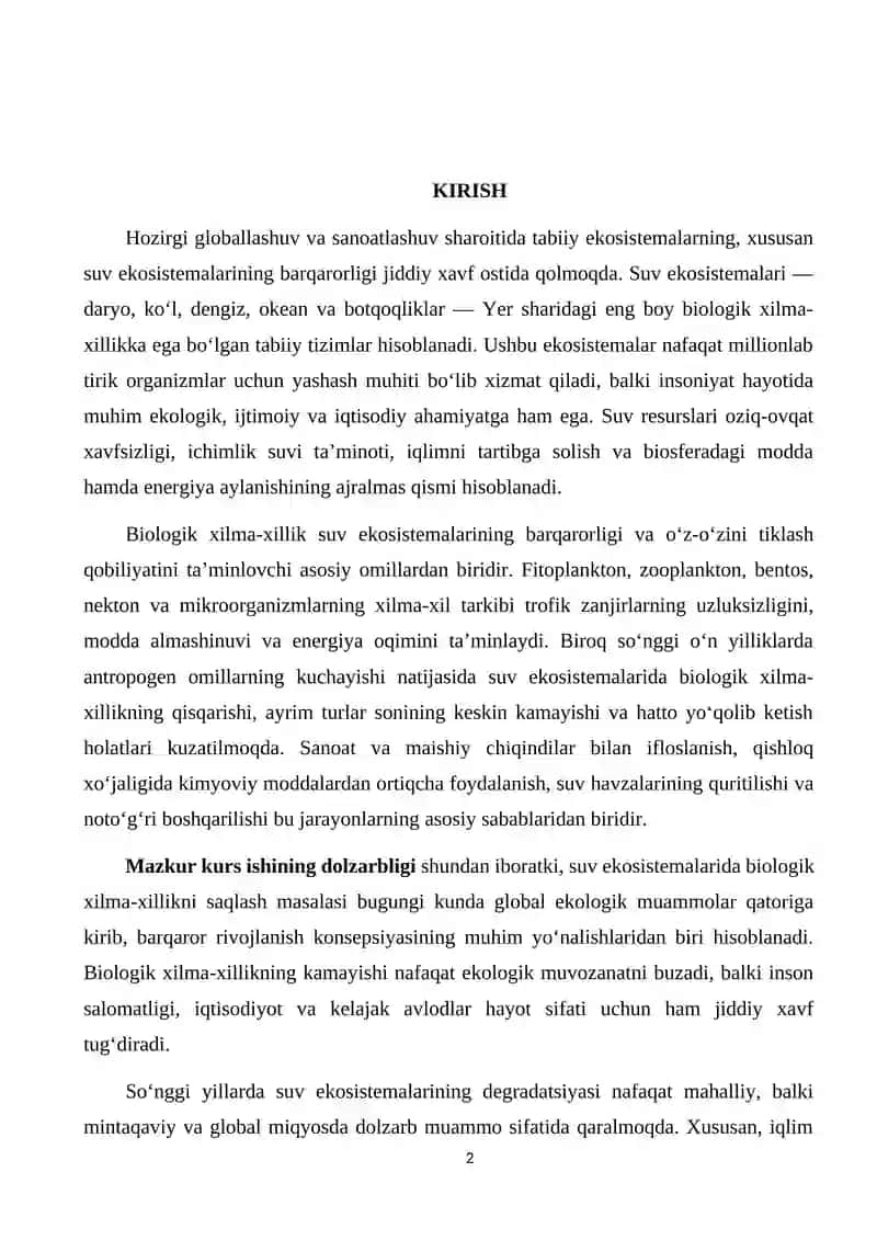 SUV EKOSISTEMALARIDA BIOLOGIK XILMA XILLIK VA UNI SAQLASH YO'LLARI 2