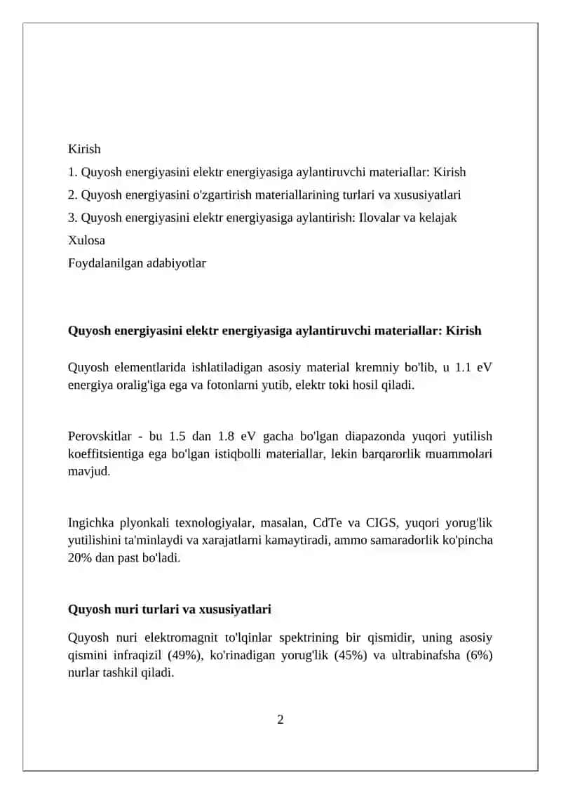 Quyosh energiyasini elektr va aylantiruvchi materiallar 2