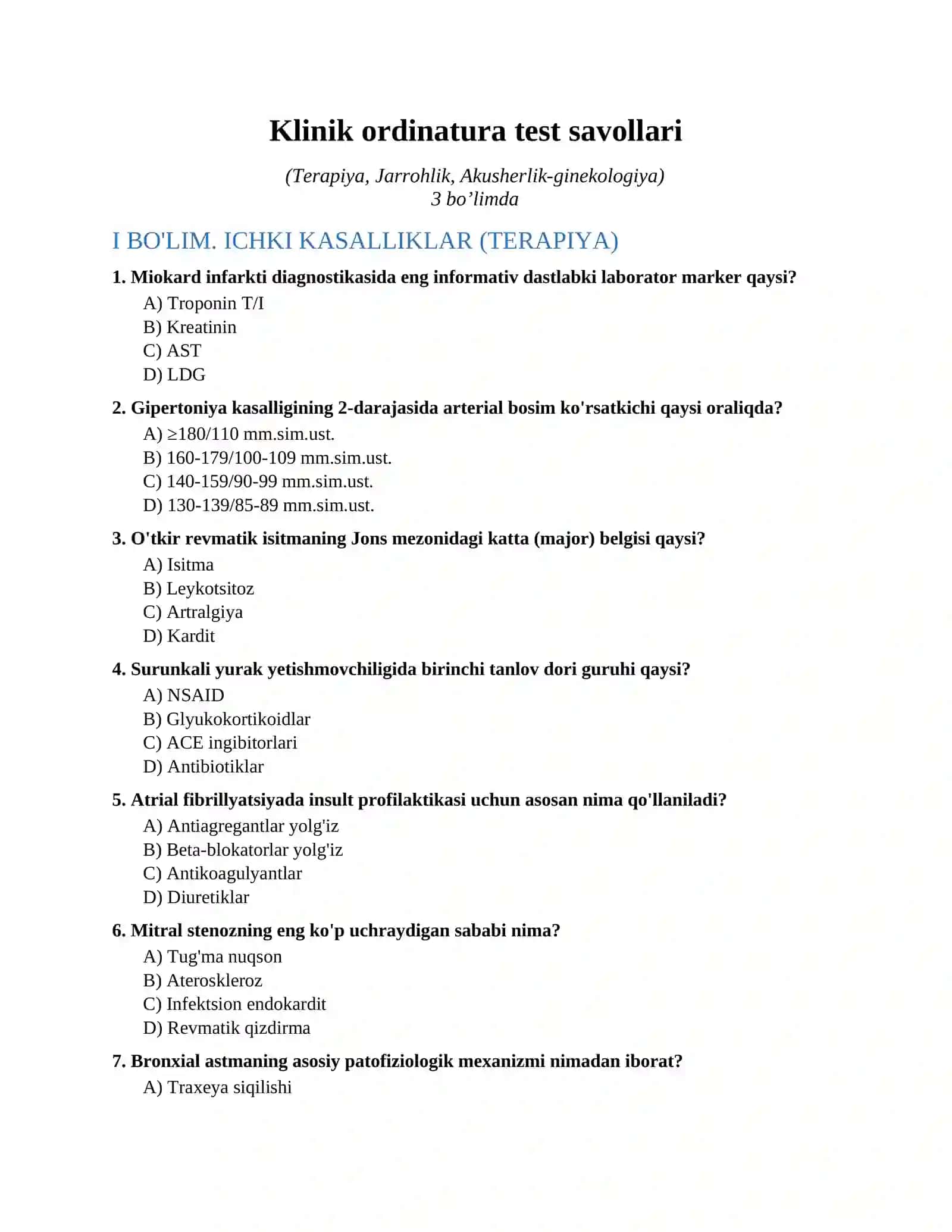 Klinik ordinatura test savollari 2