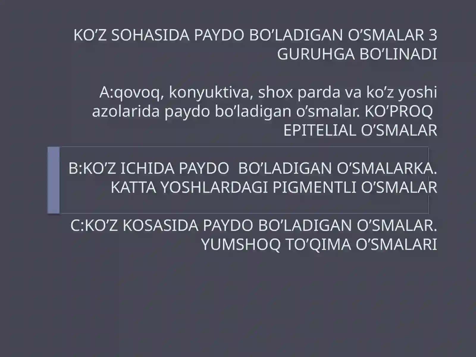STOMATOLOGIYA FAKULTETI 411-B GURUH ISOMIDDINOV SAMANDAROFTALMOLOGIYA:KO’ZNING TO’R PARDASI O’SMALARI 2