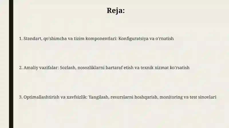 Standart, Additional, System komponentalari ustida amaliy topshiriqlarni bajarish 2